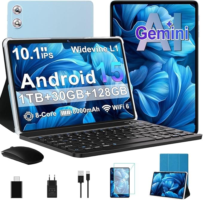 fezawio Tablet 10.1 Pulgadas Android 15 con Gemini AI, 30GB RAM 128GB ROM, Expandible hasta 1TB, Octa-Core, WiFi 6, Widevine L1, 8000mAh, Incluye Ratón, Teclado y Funda, Azul