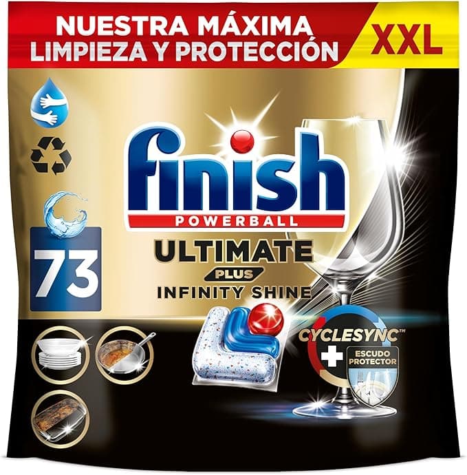 Finish Ultimate Plus Infinity Shine, pastilhas para máquina de lavar louça, limpeza e brilho intensivos e proteção de vidro, 73 pastilhas
